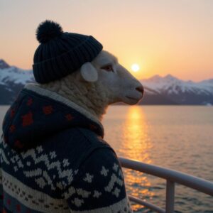 Ein Schaf mit der THC Schafwollstrickjacke bunt gemustert 825 auf einem Kreuzfahrtschiff in der Arktis bei Sonnenuntergang