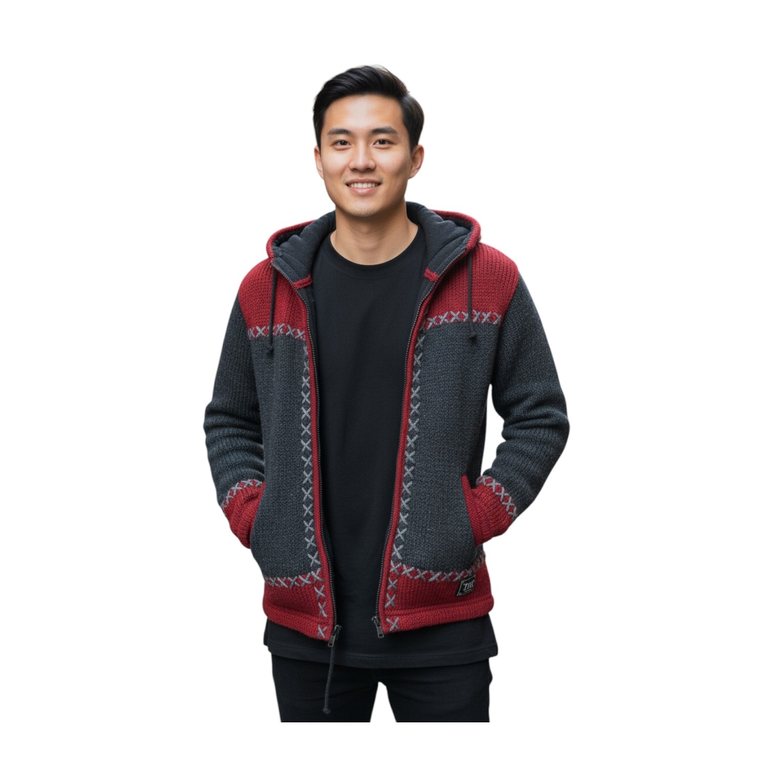 THC Schafwollstrickjacke anthrazit rot 512 7