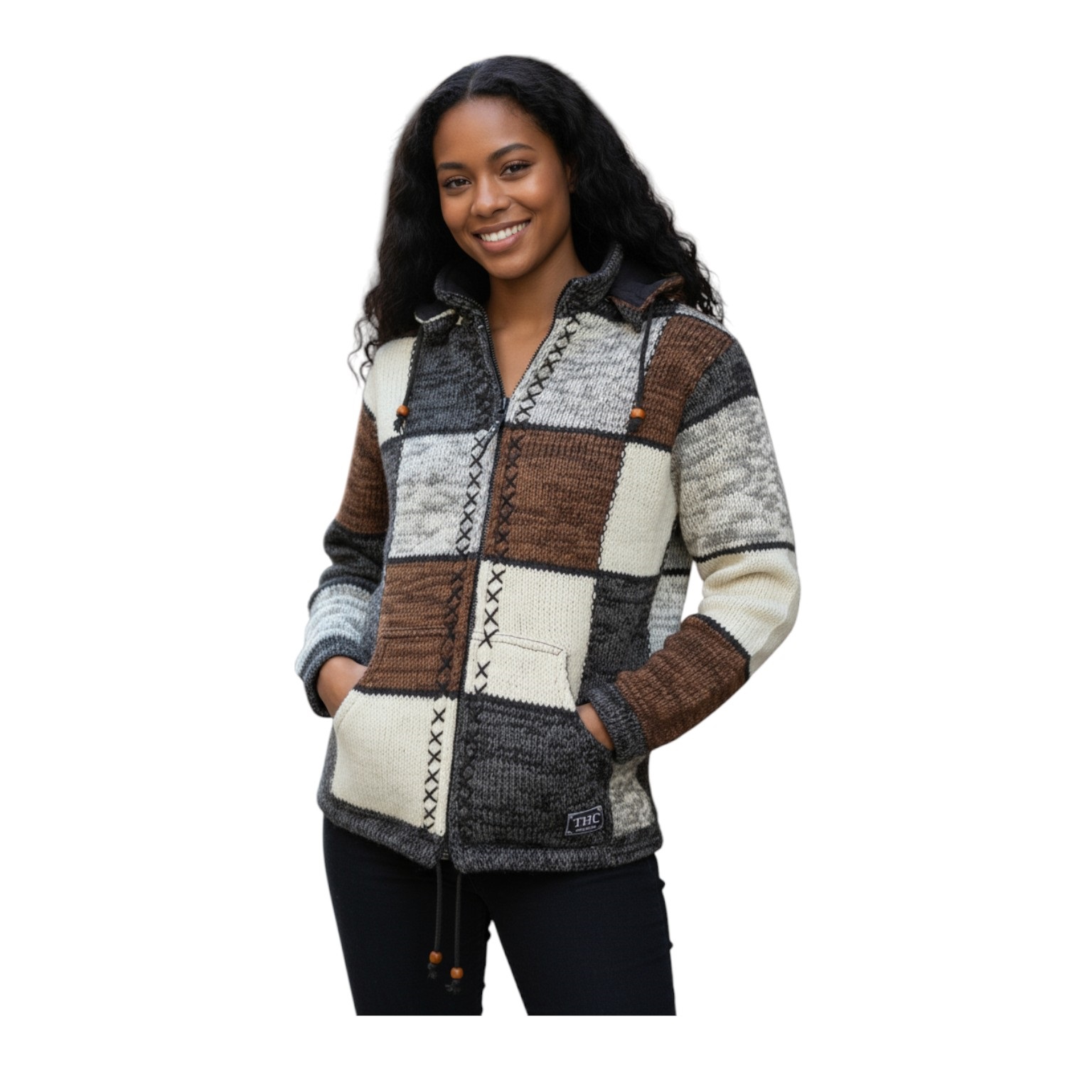 THC Schafwollstrickjacke braune Quadrate 813 6