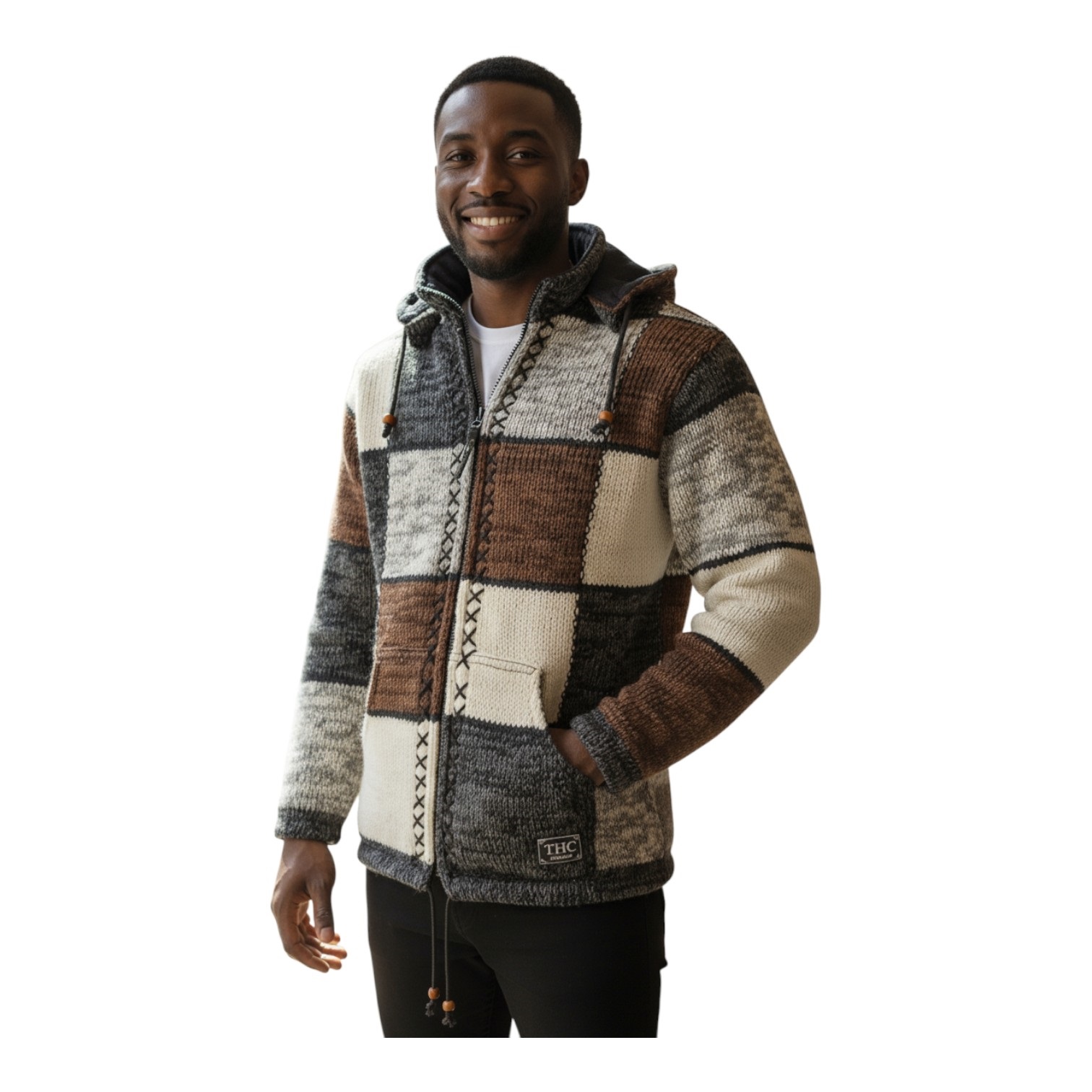 THC Schafwollstrickjacke braune Quadrate 813 7