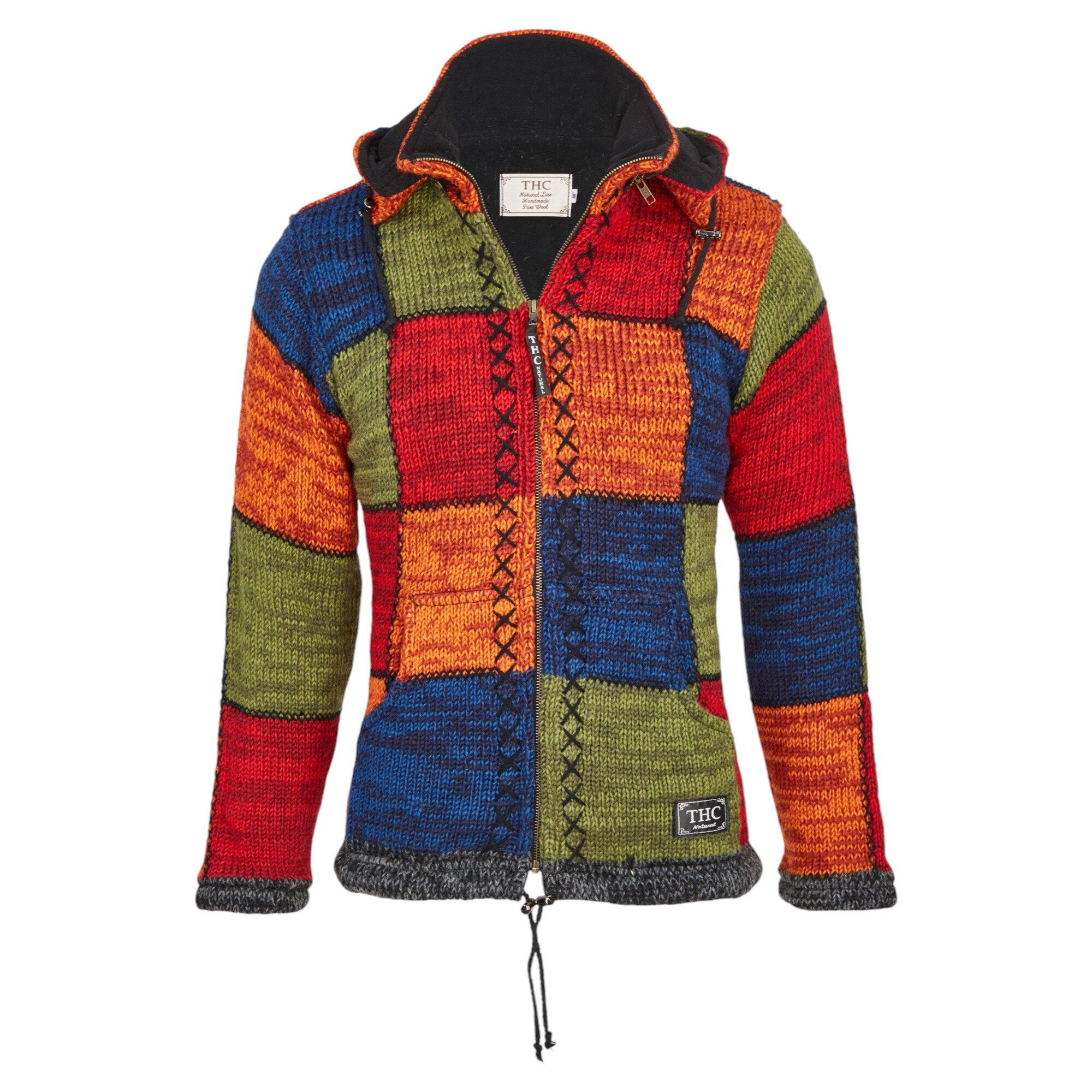 THC Schafwoll Strickjacke bunte Quadrate (Modell 814)