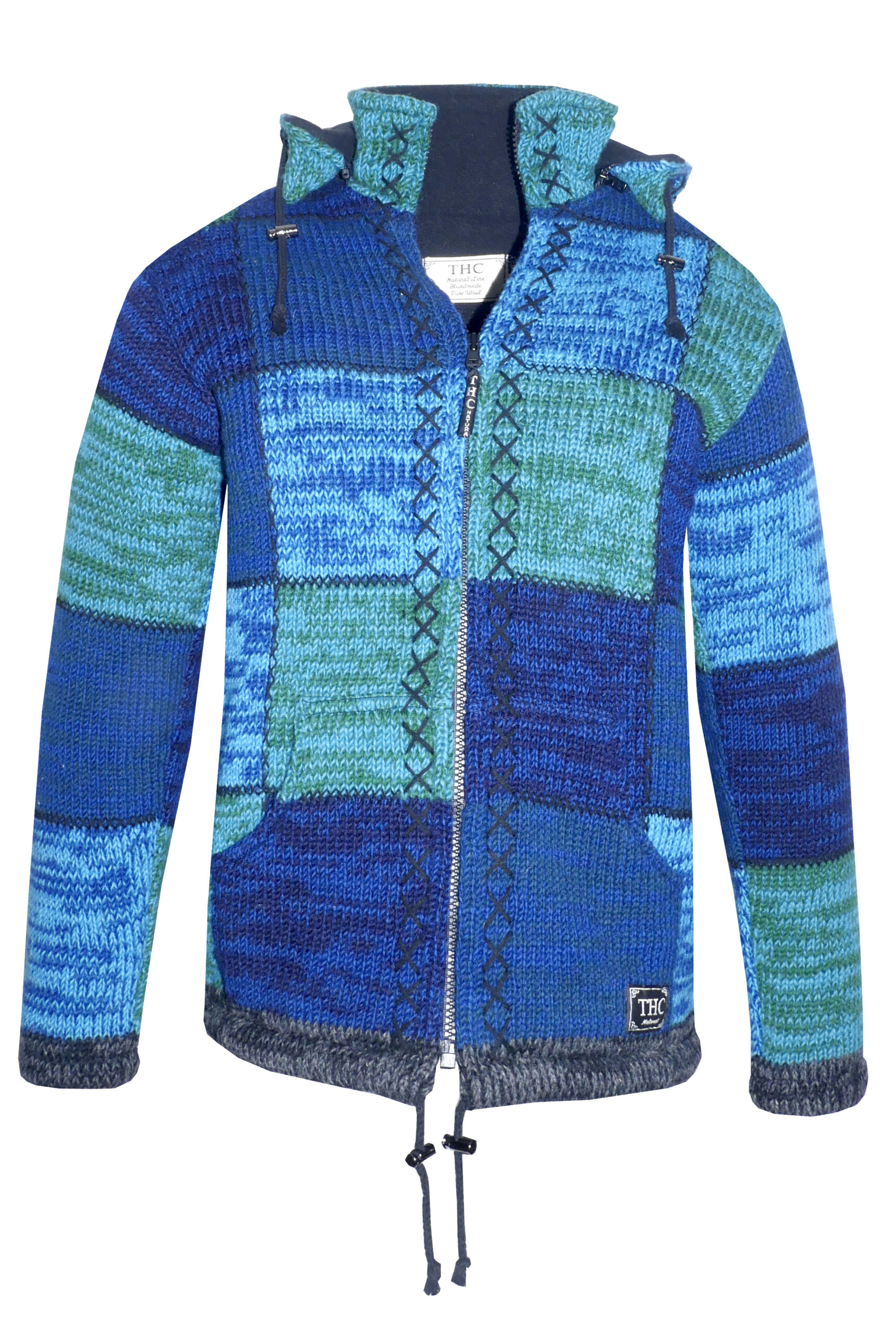 Schafwoll Strickjacke blaue Quadrate (Model 806)
