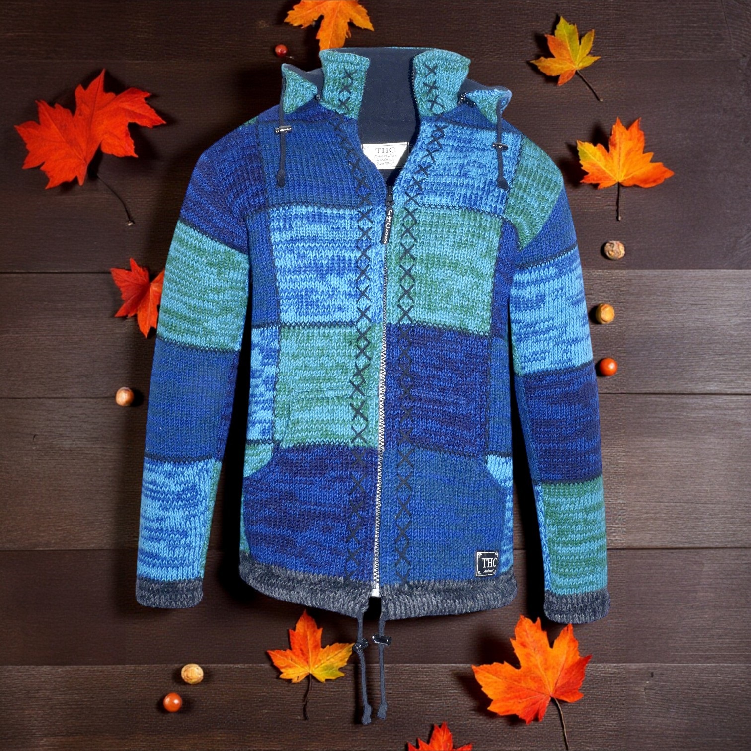 Schafwollstrickjacke blaue Quadrate 806 4