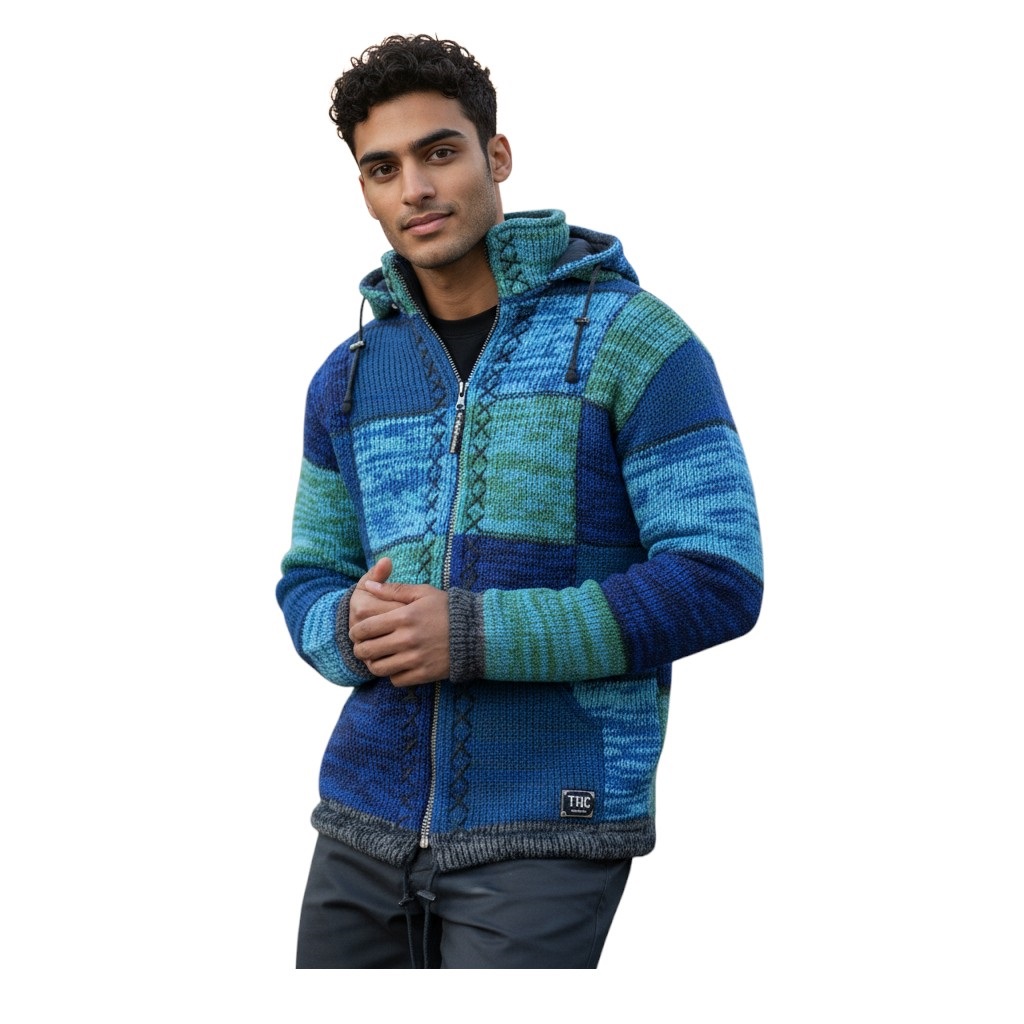 THC Schafwoll Strickjacke blaue Quadrate 806 5