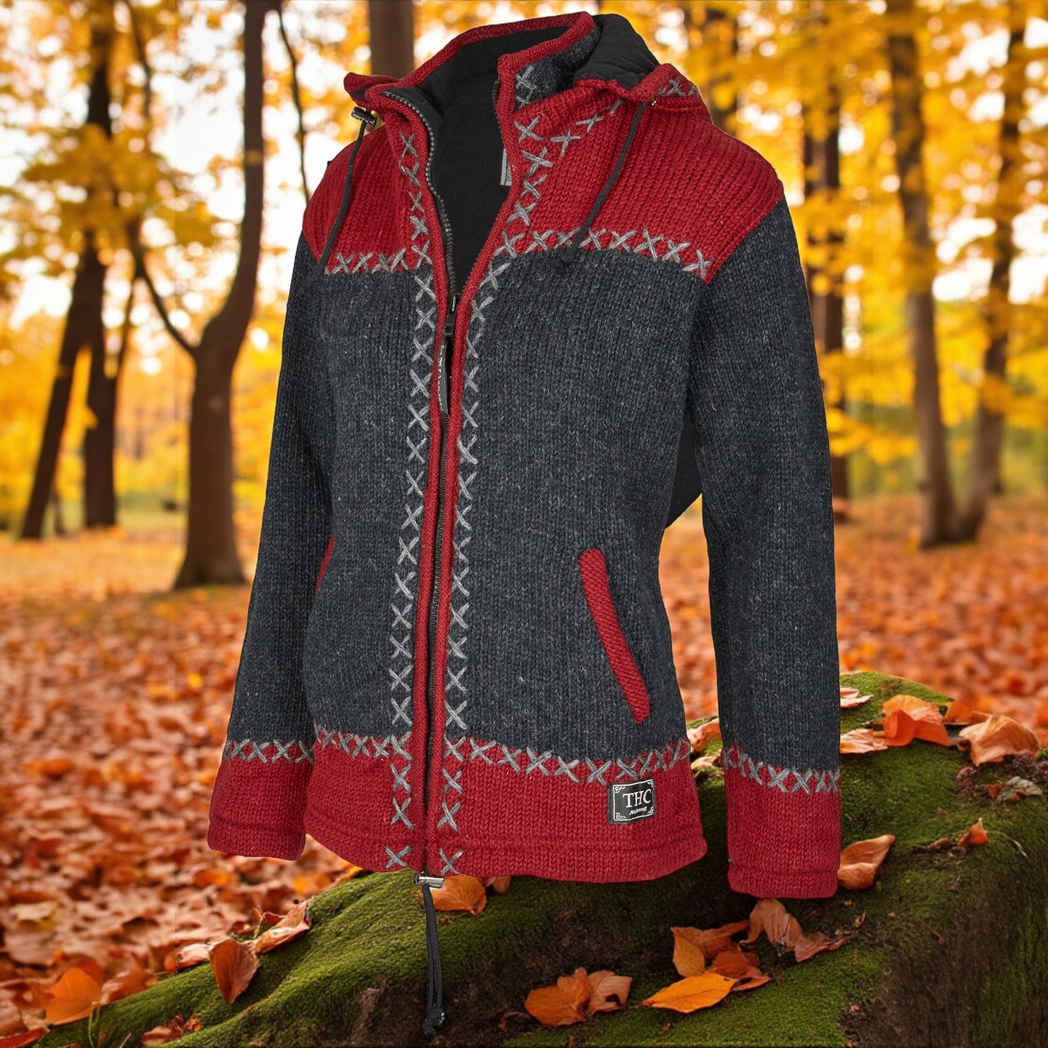 THC Schafwollstrickjacke anthrazit rot 512 5