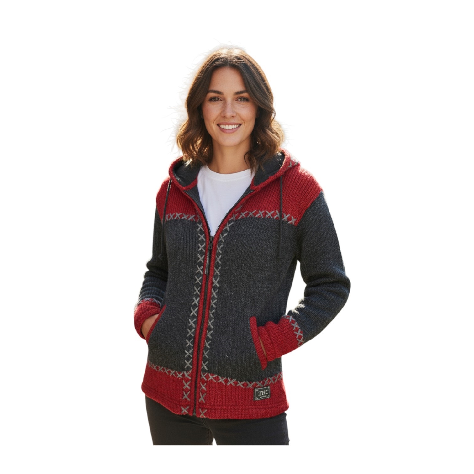 THC Schafwollstrickjacke anthrazit rot 512 6
