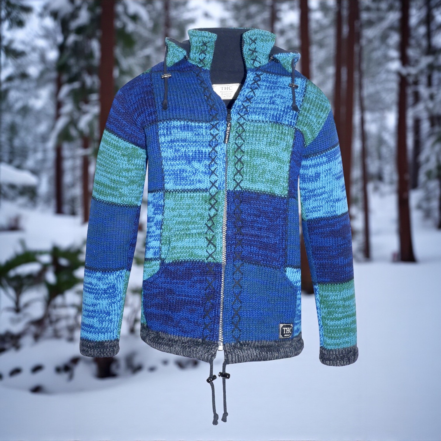 Schafwoll Strickjacke blaue Quadrate (Model 806)