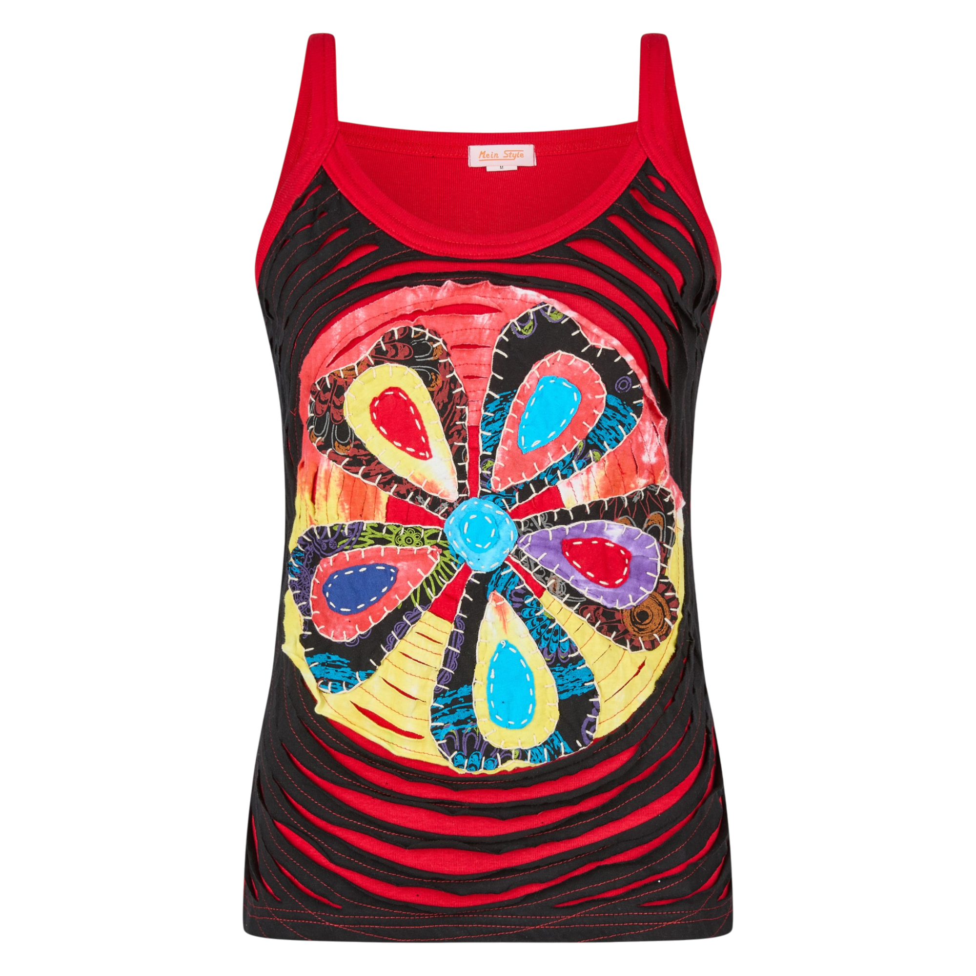 Baumwoll Hippie Mandala Tanktop mit Cutwork Schwarz Rot