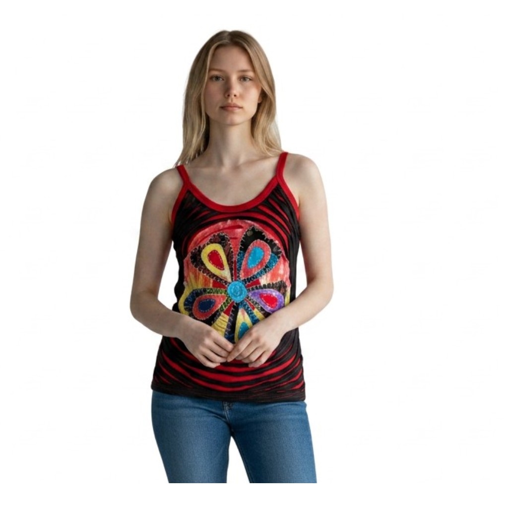 Baumwoll Hippie Mandala Tanktop mit Cutwork Schwarz Rot 5