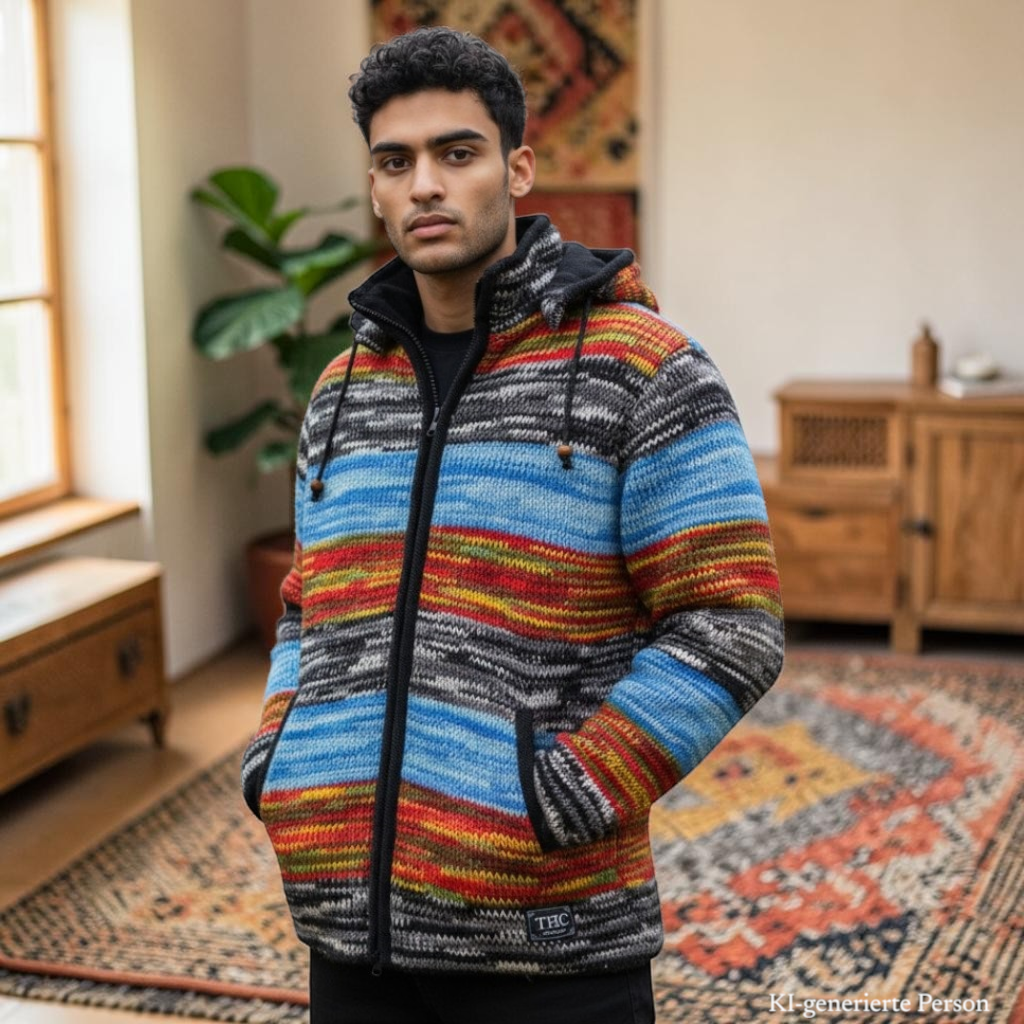 THC Schafwoll Strickjacke 820 blau gestreift KI-Generiert Model 1