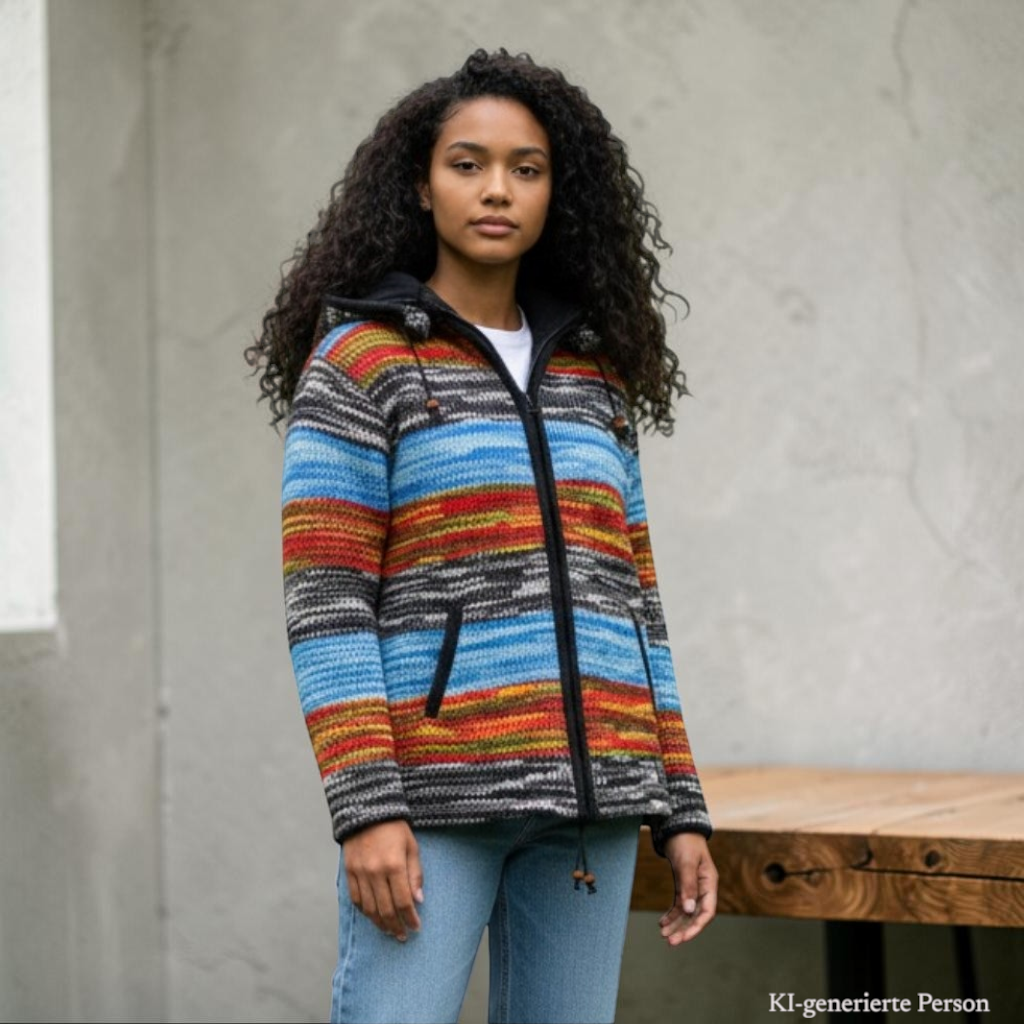 THC Schafwoll Strickjacke 820 blau gestreift KI-Generiert Model 2