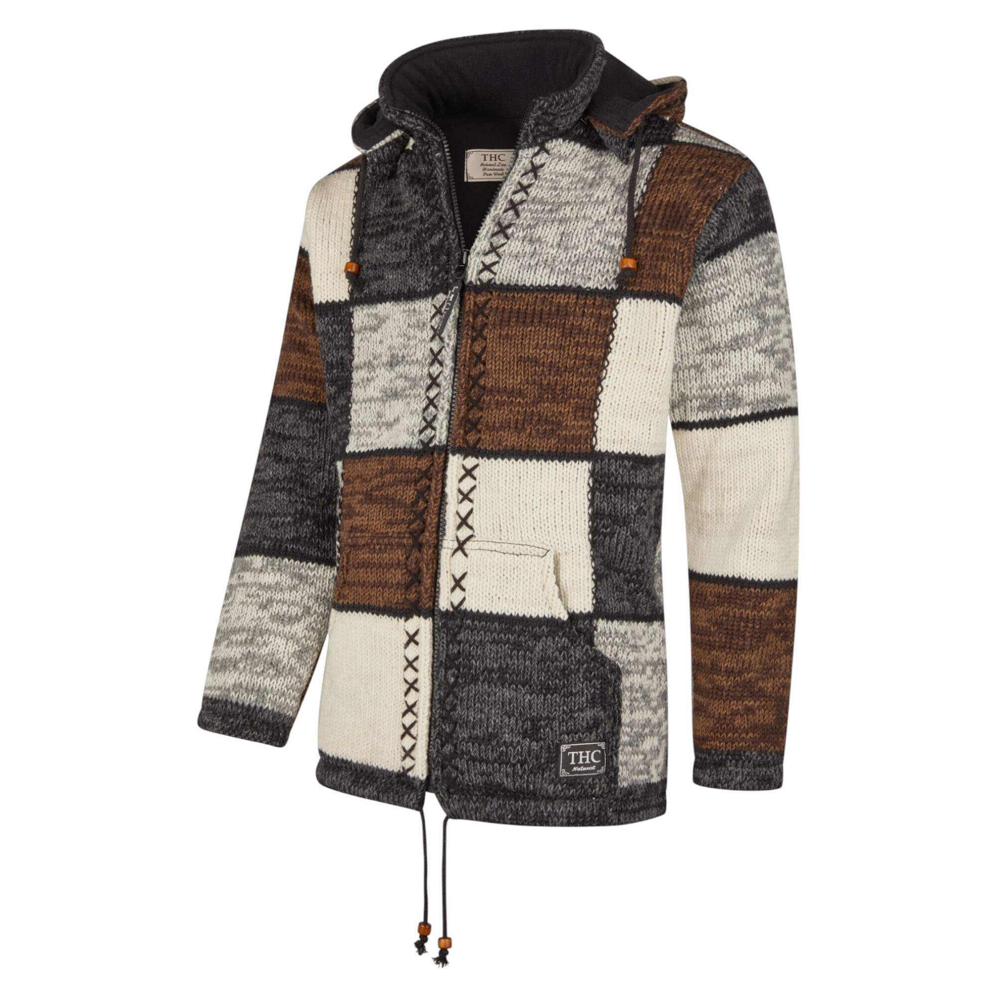 THC Schafwollstrickjacke braune Quadrate 813 von der Seite